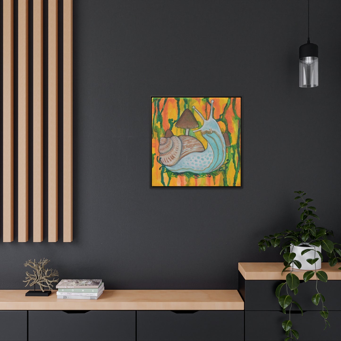Snail & Mushrooms, Framed Canvas