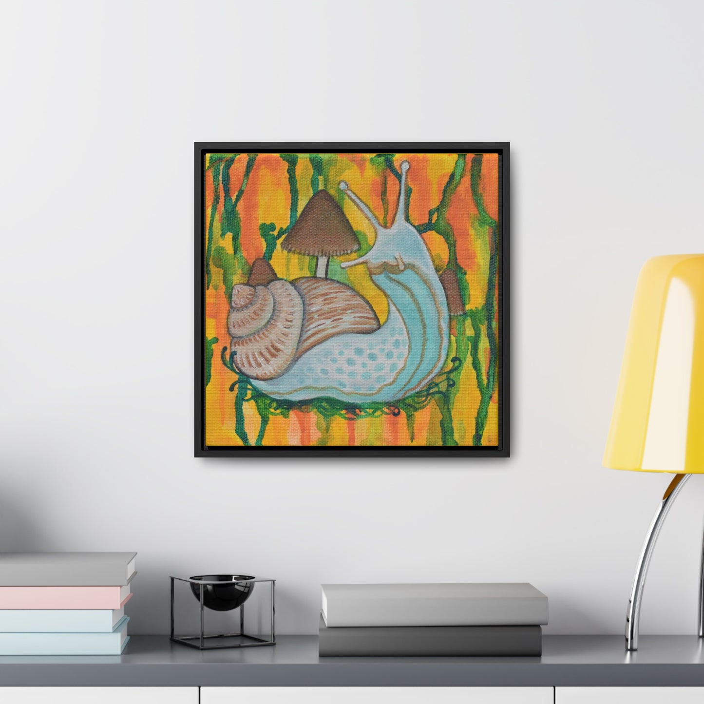 Snail & Mushrooms, Framed Canvas