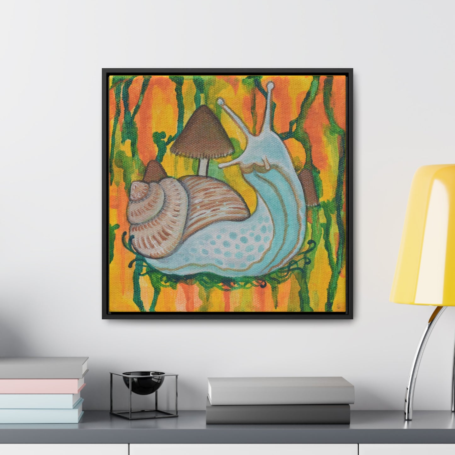 Snail & Mushrooms, Framed Canvas