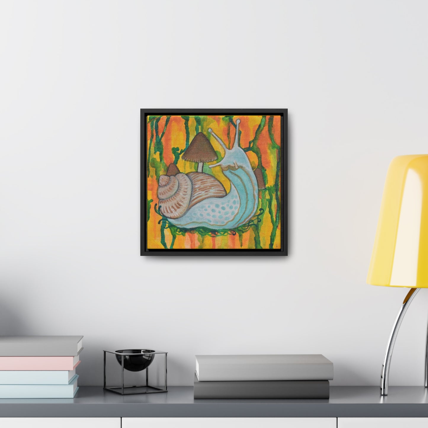 Snail & Mushrooms, Framed Canvas