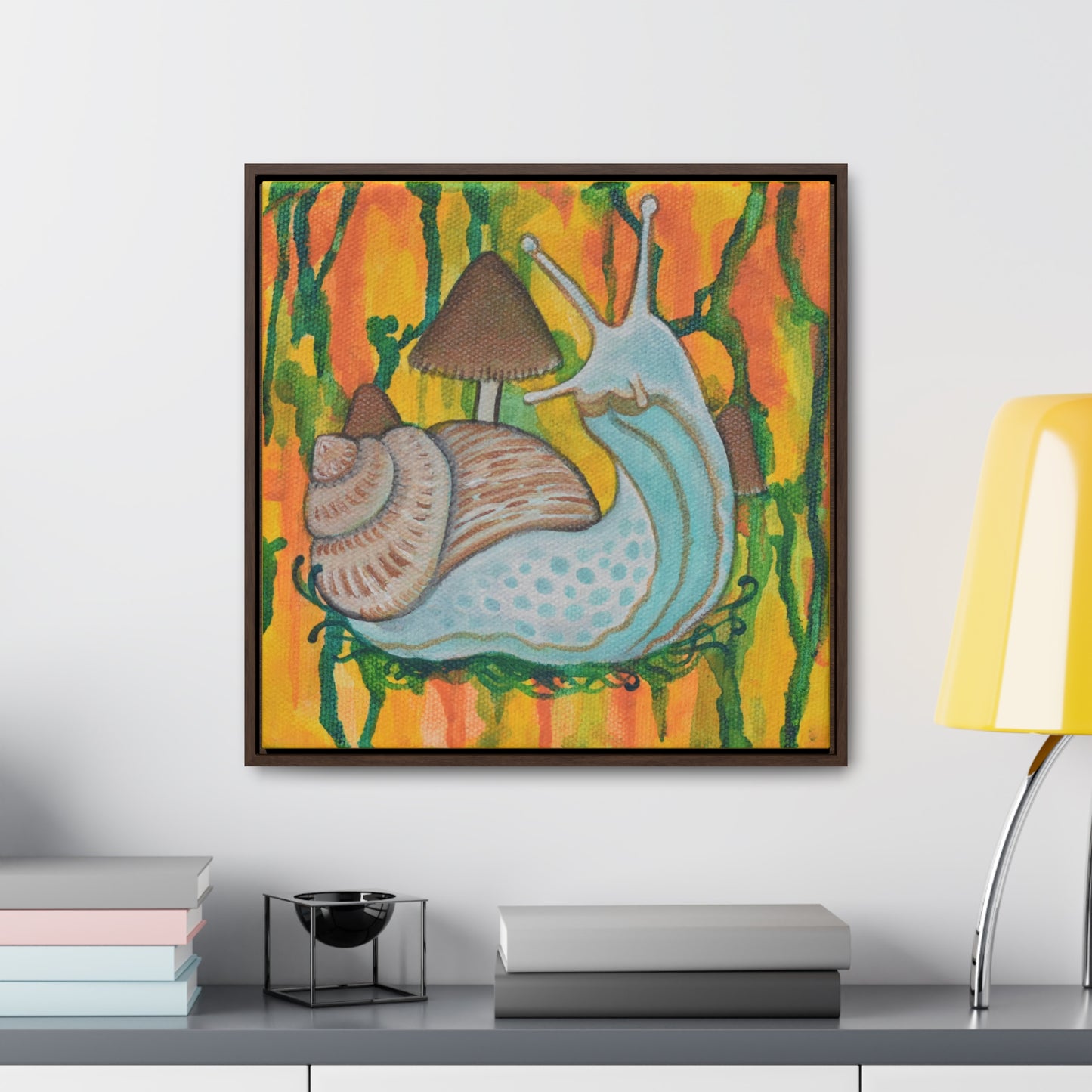 Snail & Mushrooms, Framed Canvas